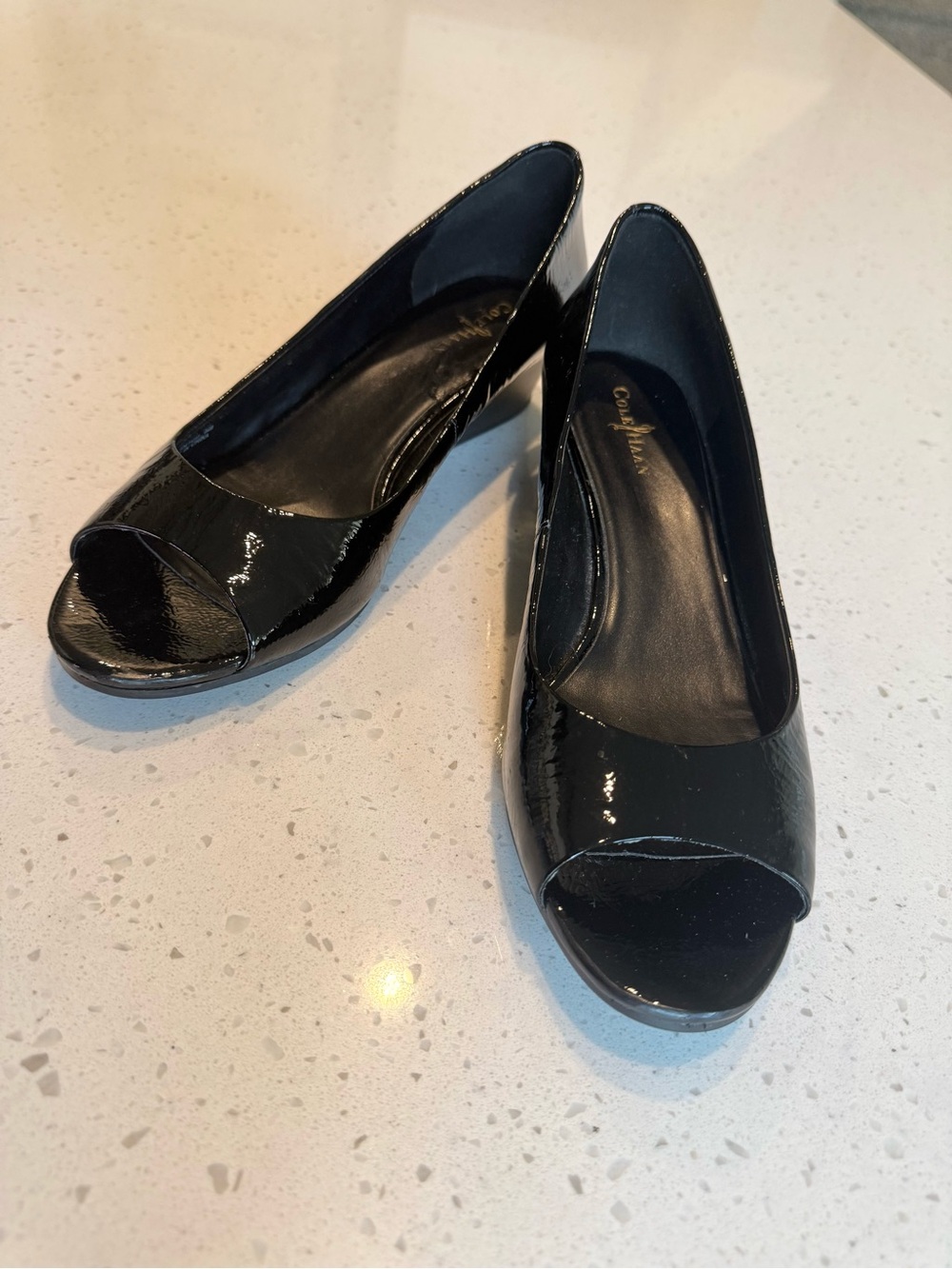 Cole Haan Black Patent Peep-Toe Low Wedge Heels